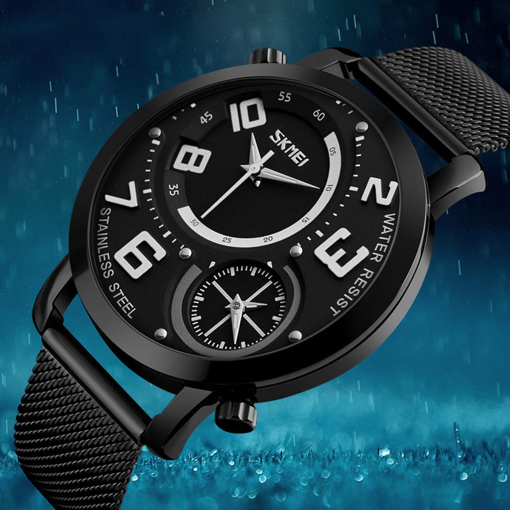 MASTOP Reloj de cuarzo para hombre, doble zona horaria, correa de malla de acero inoxidable, analógico, clásico, regalo