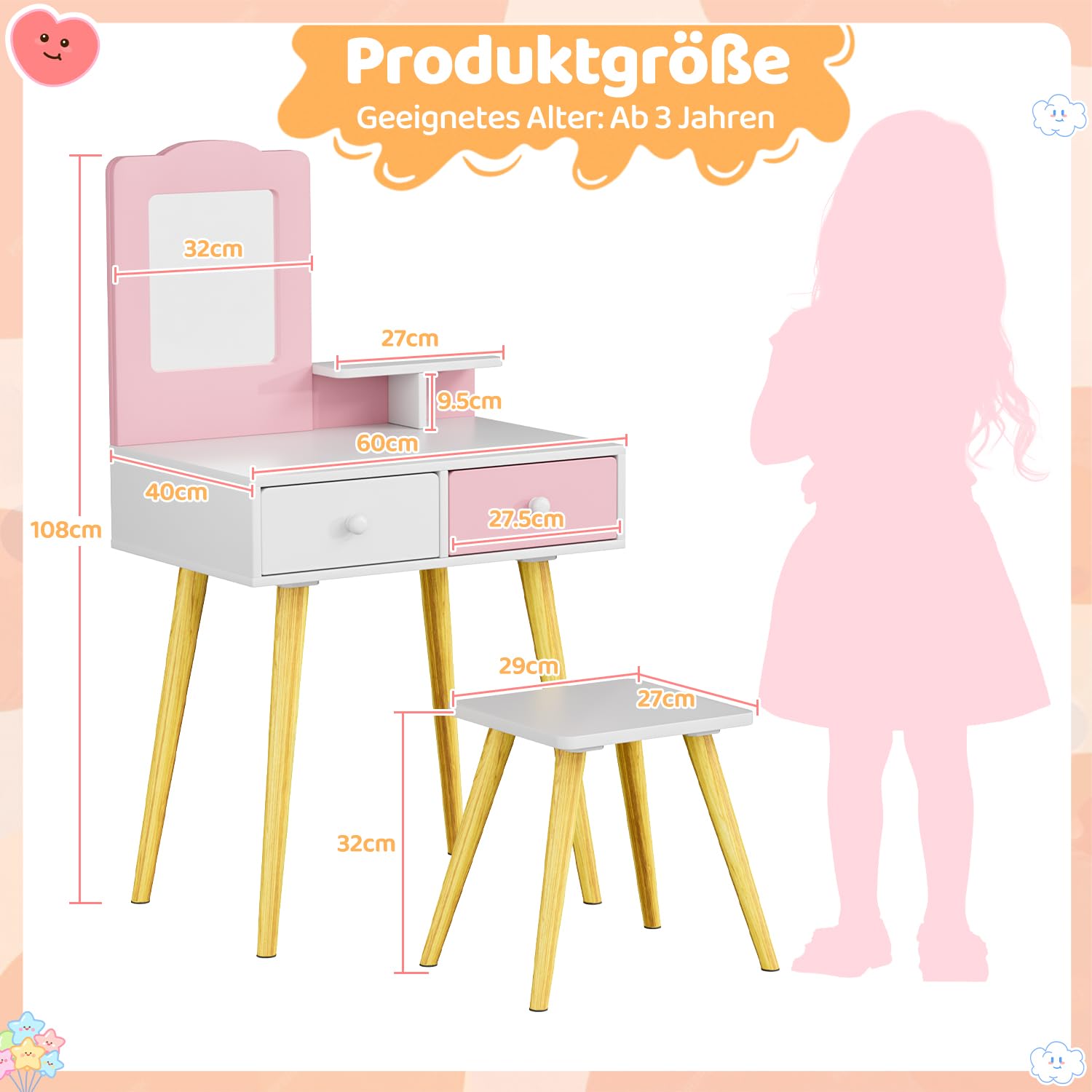 MAMIZO Schminktisch Kinder Set, Kinderschminktisch Holz mit Abnehmbarem Spiegel und 2 Schubladen, Schreibtisch mit Hocker, Prinzessin Frisiertisch ab 3 Jahre, 60x40x108 cm, Rosa