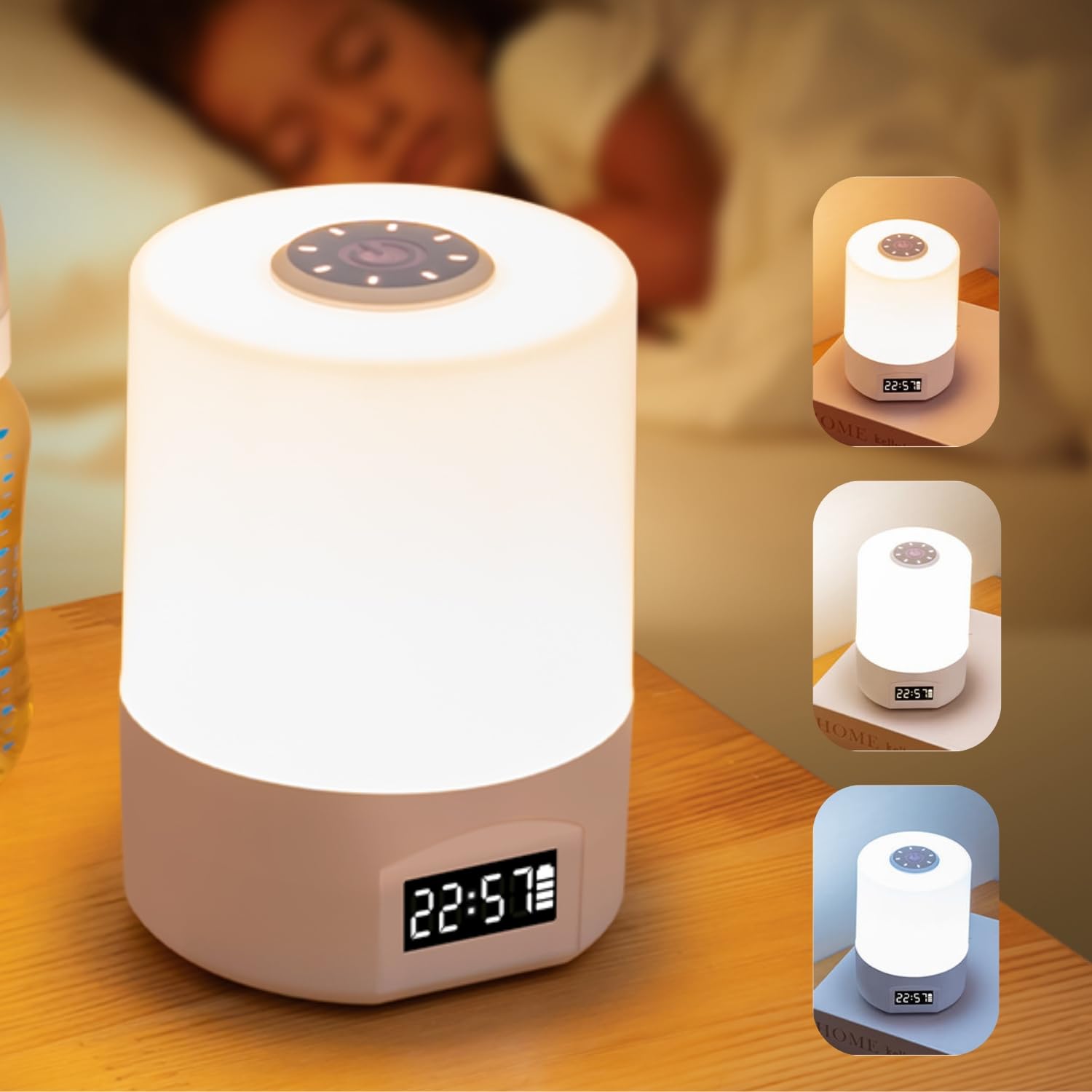 One94Store LED Touch Table Lamp with Built-in Clock – Rechargeable Oval-Shaped, Dimmable 3-Color Night Light with Time Setting Option at Back for Bedroom, Office & Home Décor