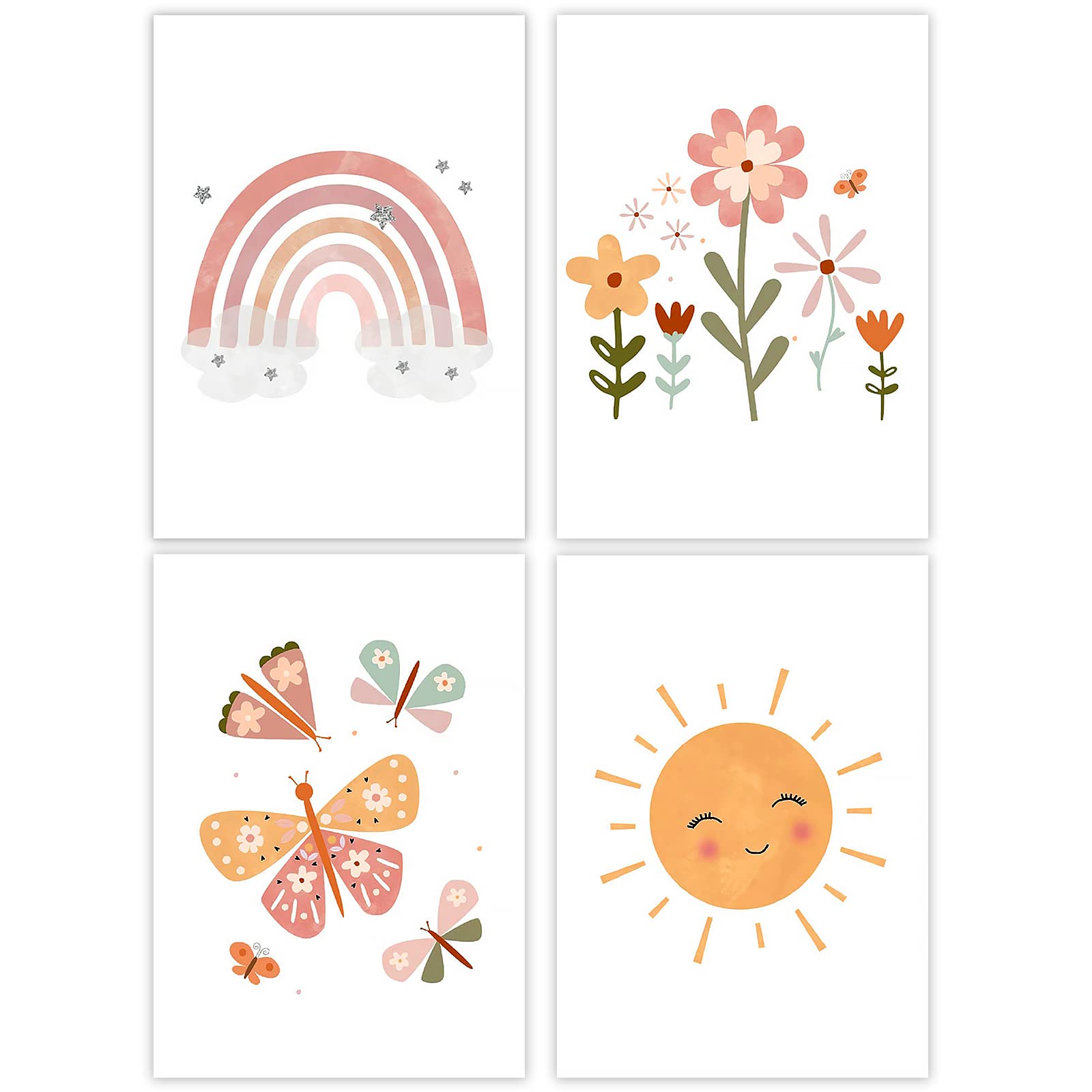 Vegena Juego de 4 imágenes para habitación de los niños y niñas, póster decorativo para habitación infantil, arco iris, sol, nube, flores y mariposas, murales para habitación de bebé