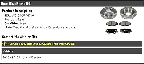 Kit de pastillas de freno de disco de cerámica trasera y rotor, compatible con Hyundai Elantra 2013-2016