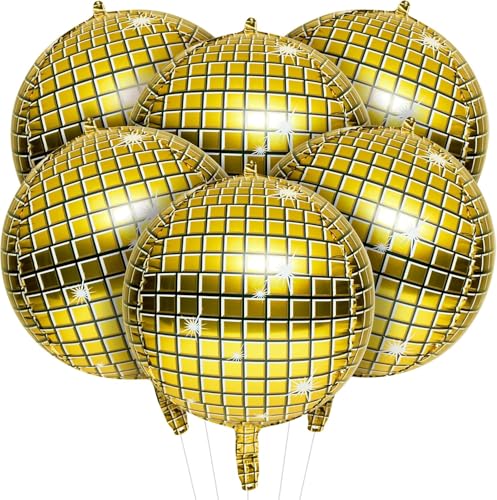 Image of 6Pcs 22Inch Golden Disco Ball Balloons - 4D Large Foil Balloons with Metallic Star for 70s Disco Dance Birthday Party