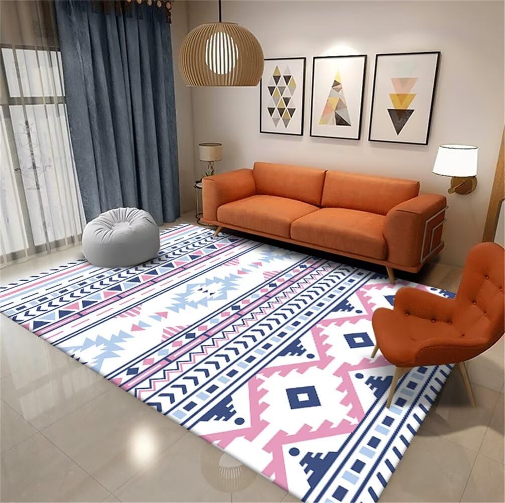 Tapis pas chers bleu rose géométrique lavable pour chambre ado