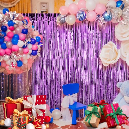 Image of Crosize 7 Pack 3.3 x 9.9 ft Purple Foil Fringe Backdrop Curtain, Streamer Backdrop Curtains, Streamers Birthday Party Decorations, Tinsel Curtain for Parties, Galentines Decor