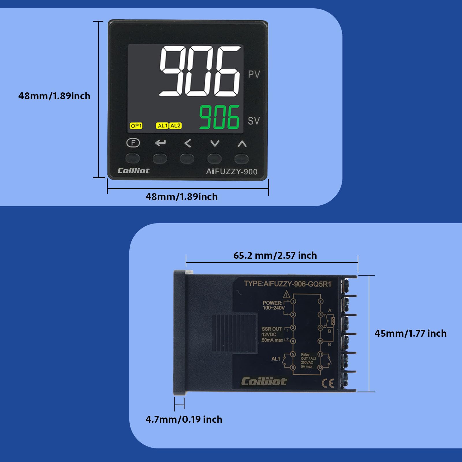 Controlador de temperatura PID, pantalla LCD, AC100-240V / DC12-24V, termostato PID con termopar K, relé y salida SSR, 2 salidas de alarma (48 mm x 48 mm)