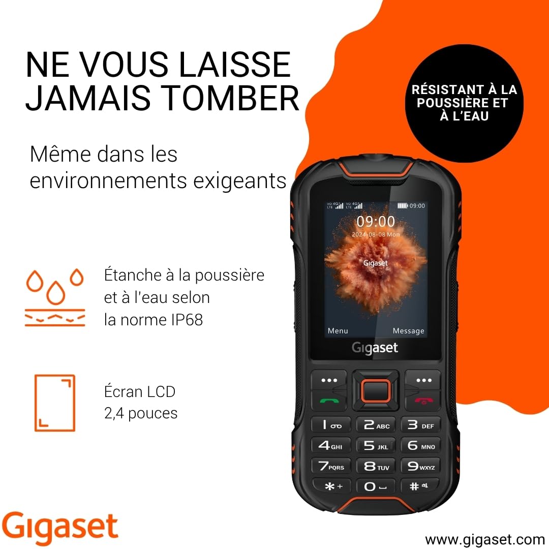 Gigaset GLX8 Plus Téléphone Portable à Touches 4G Robuste IP68 Double SIM Bluetooth 5.0 Écran LCD 2,4" Noir/Orange