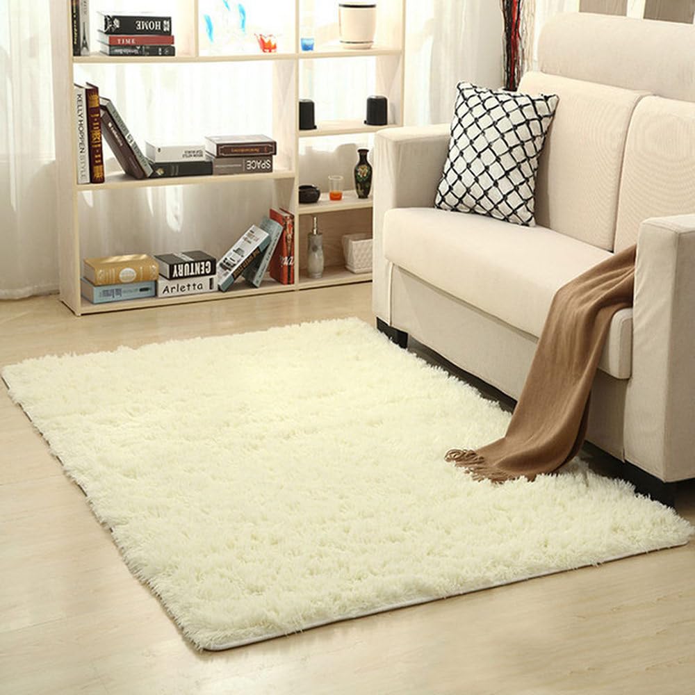 Tapis shaggy pour salon et chambre moderne blanc crème 50x80