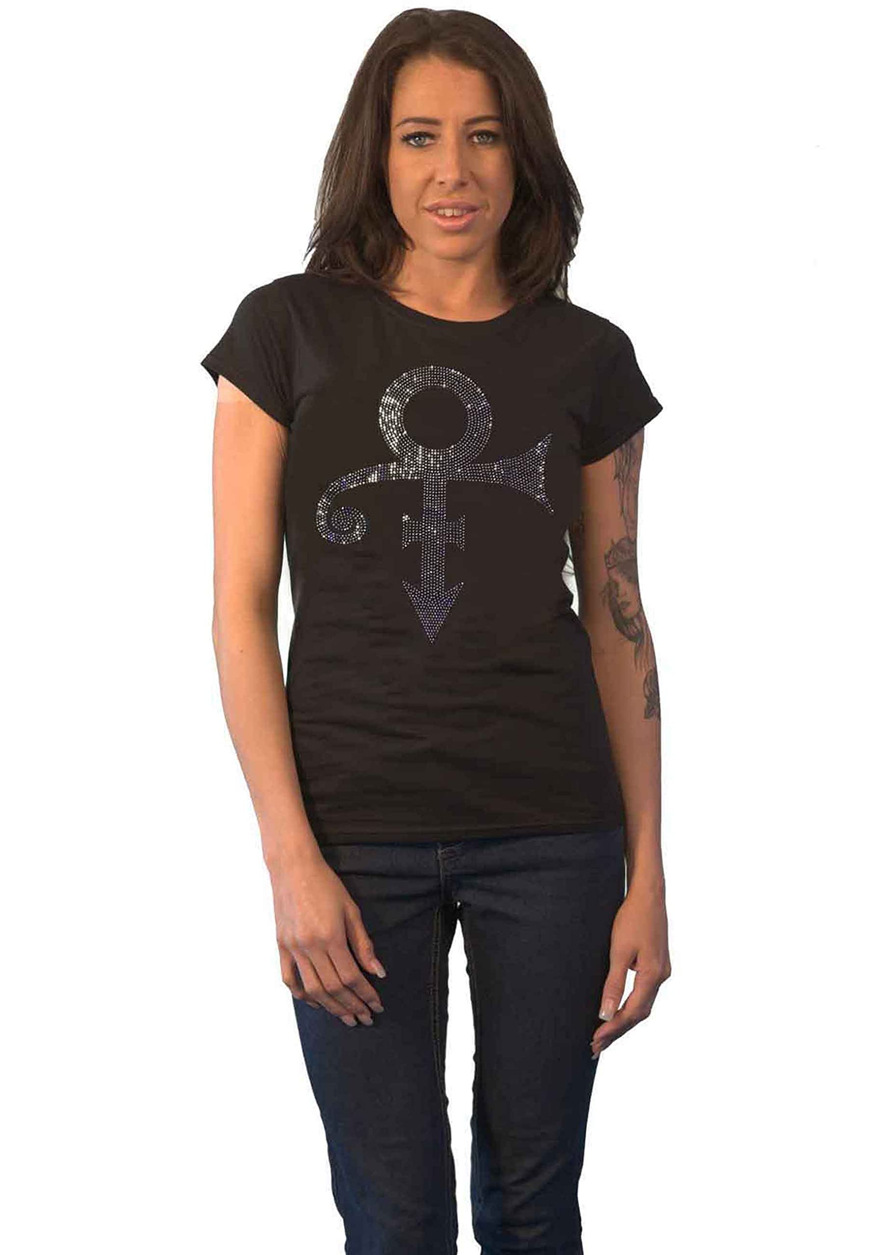 Prince T Shirt Purple Symbol Diamante Logo Official Womens Skinny Fit Black S