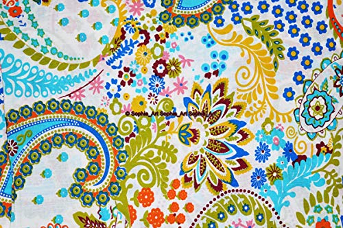 Image of Indian Hand-Block Printed Jaipuri Print Tropical Paisley Floral Ethnic Sanganer Kurti Print Cotton Fabric (White Paisley, 20 Yards)
