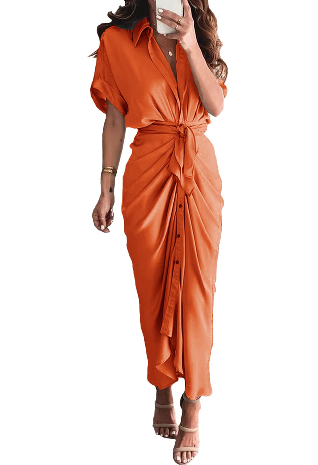 AOHITEWomen's Elegant V Neck Satin Button Down Short Sleeve Maxi Shirt Dress with Belt