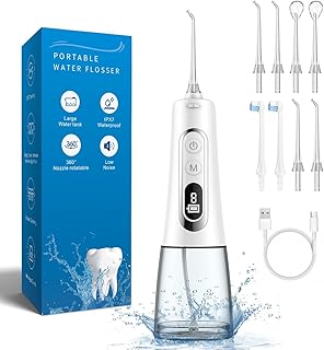 Irrigador Oral Portátil com fio Dental de água, 300ml, Recarregável, à Prova d'água IPX7, 9 Modos com Display LED, 8 Bicos de Jato, para Uso Doméstico e Em Viagens - Branco