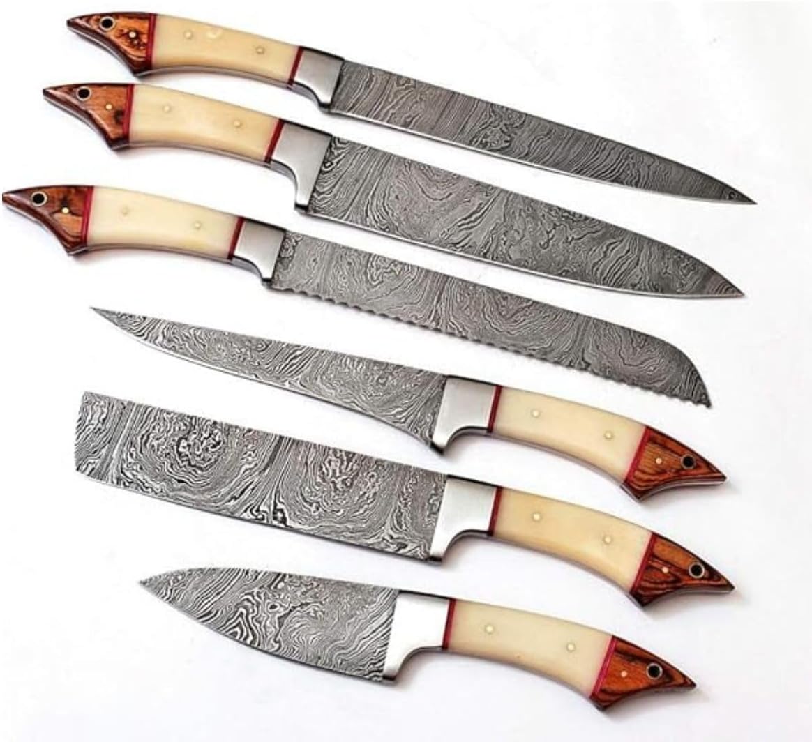 Randy,Custom Made Damascus Steel Kitchen/Chef's knife Set with Leather Roll Bag, Ultra Sharp, High Carbon Stainless Steel Damascus Pattern, DR-1061-B-6.