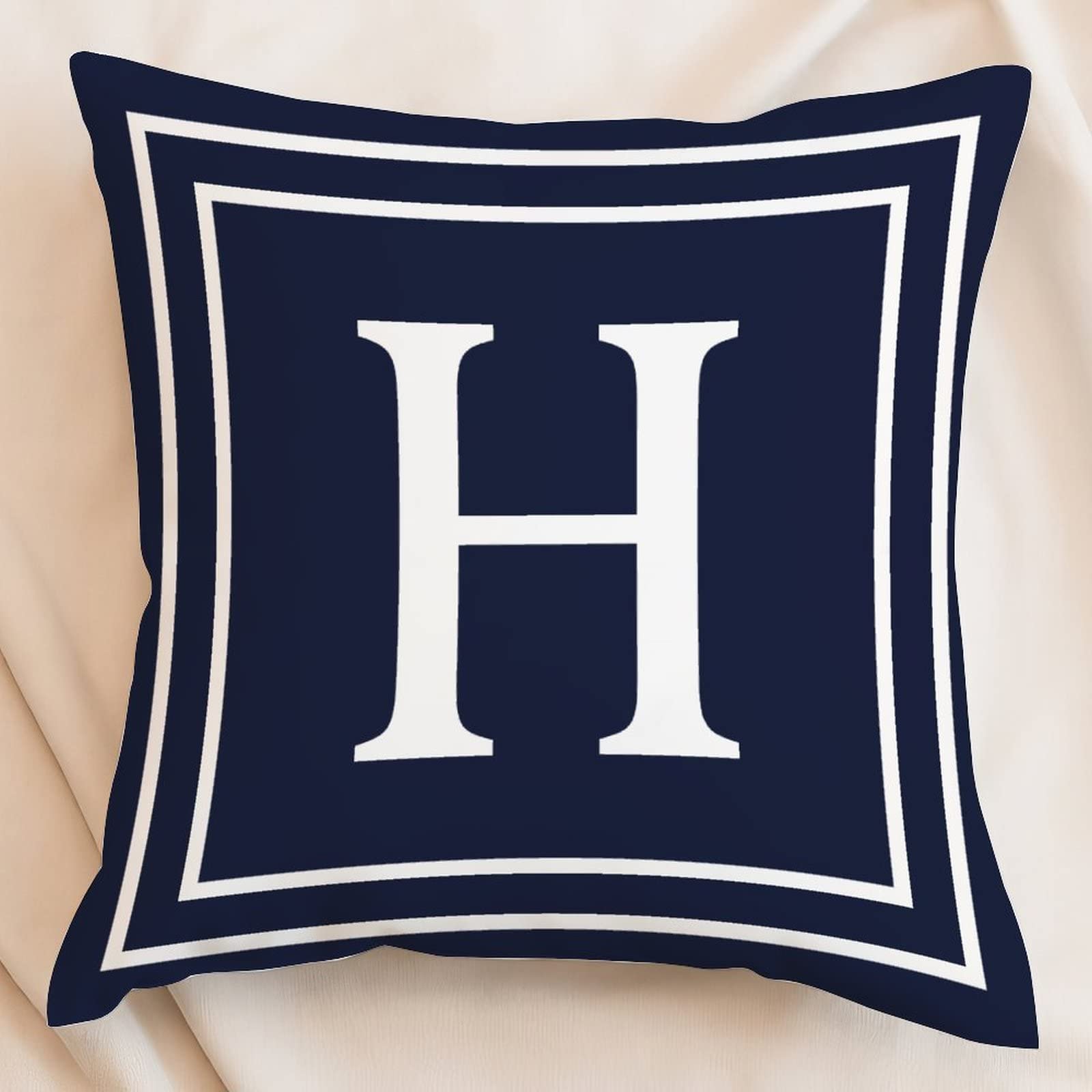 Geometric Pattern Initial Letter Decorative Throw Pillow Covers - Aesthetic Feminine Girls 26 Letters Velvet Cushion Case - Letter H Navy Blue Monogram Pillow Case for Bed Sofa Couch 18x18 Inch
