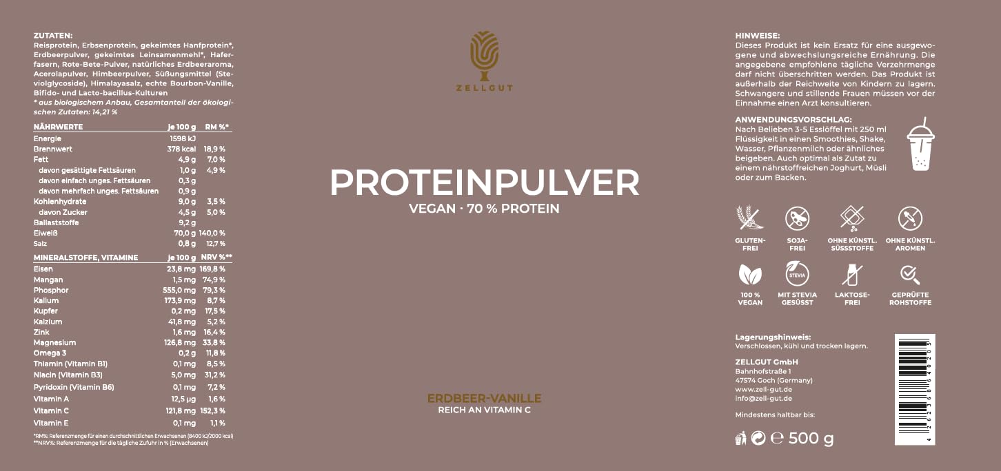 PROTEINPULVER ERDBEER-VANILLE • 70% Protein • 3 pflanzliche Proteinquellen • enthält gesunde Darmbakterien • vegan & glutenfrei • sojafrei