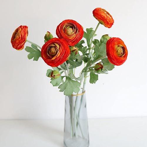 Miniatura 4 de Flores artificiales de ranúnculo de seda, tallo de peonía de seda para arreglos domésticos, decoración de verano u otoño, 5 unidades (naranja)