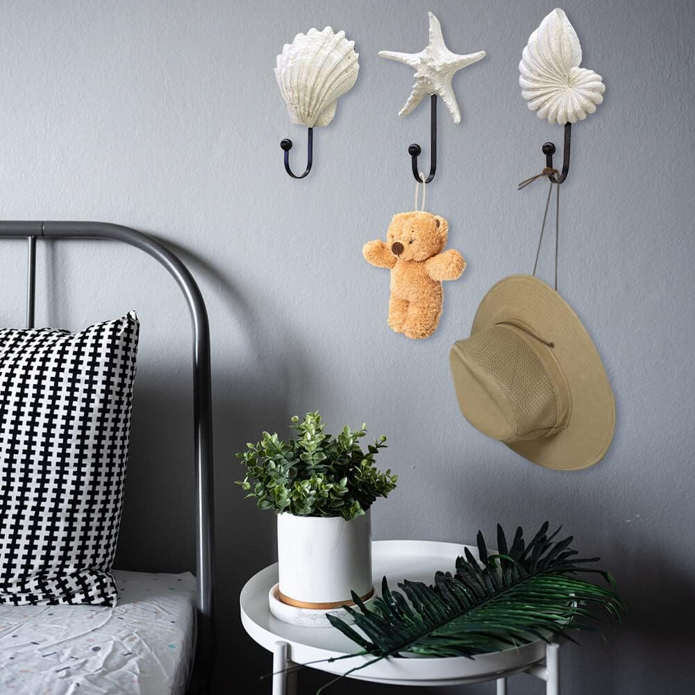 Coat Hooks, 3PCS Resin Ocean Style Seashell Wall Hooks Decorative Wall Hooks for Hanging Keys, Towels, Coats, Hats, Robes, Clothes, Home Utility Hook for Bathroom Shower Kitchen Door Decor