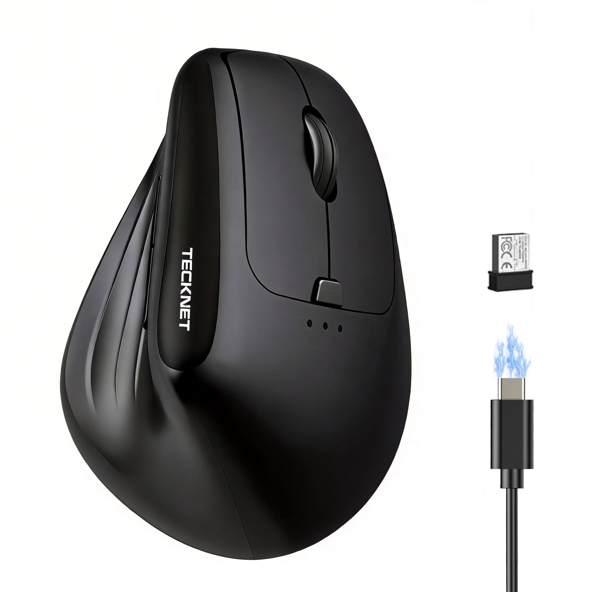 TECKNET Vertikale Ergonomische Kabellos Maus, 2,4 GHz + Bluetooth, Wiederaufladbar Maus mit 4800 DPI, 6 Tasten, 11 RGB-Beleuchtungsmodi, Multi-Device, Kompatibel mit Windows/macOS, Laptop, PC -Schwarz