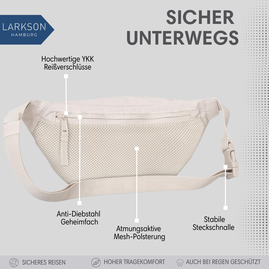 LARKSON Bauchtasche Damen & Herren Beige - Ole - Hüfttasche für Sport Outdoor Stadt - Gürteltasche Stylisch für Festival - Crossbody Bag mit Gurt - Wasserabweisend