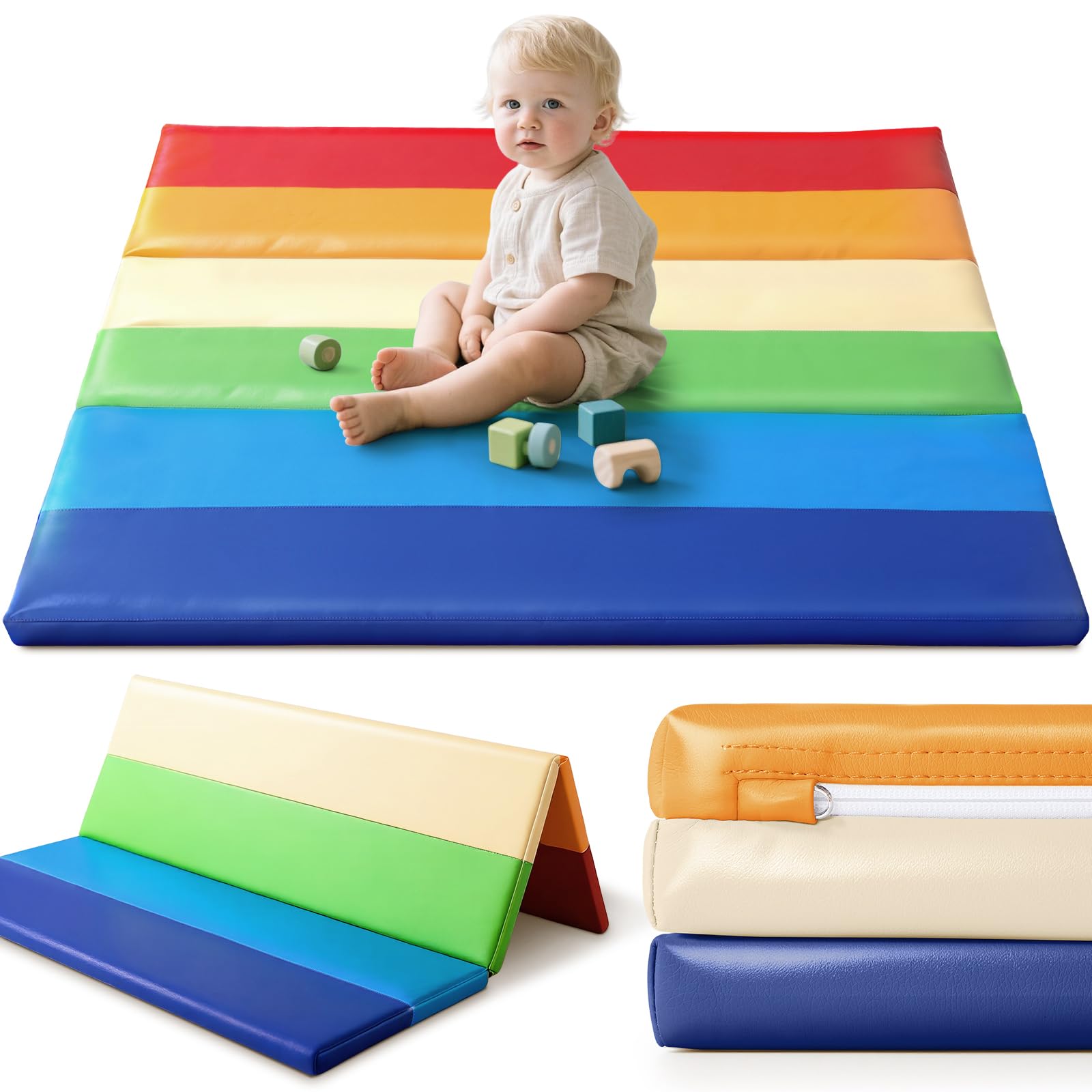 JungleDove Tappeto da Gioco in Schiuma per Bambini: 121x121 cm Tappeto da Gioco per Bambini Impermeabile in Pelle PU - da Gioco per il Pavimento (Arcobaleno)