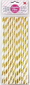 Canudo Biodegradável, Make +, Listrado Branco e Dourado, Blister com 12 Unidades
