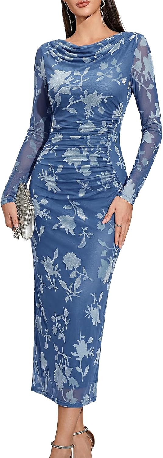 HomRain Women's Sparkly Mesh Maxi Summer Dress Long Sleeve Bodycon Dresses for Wedding Guest Outfit