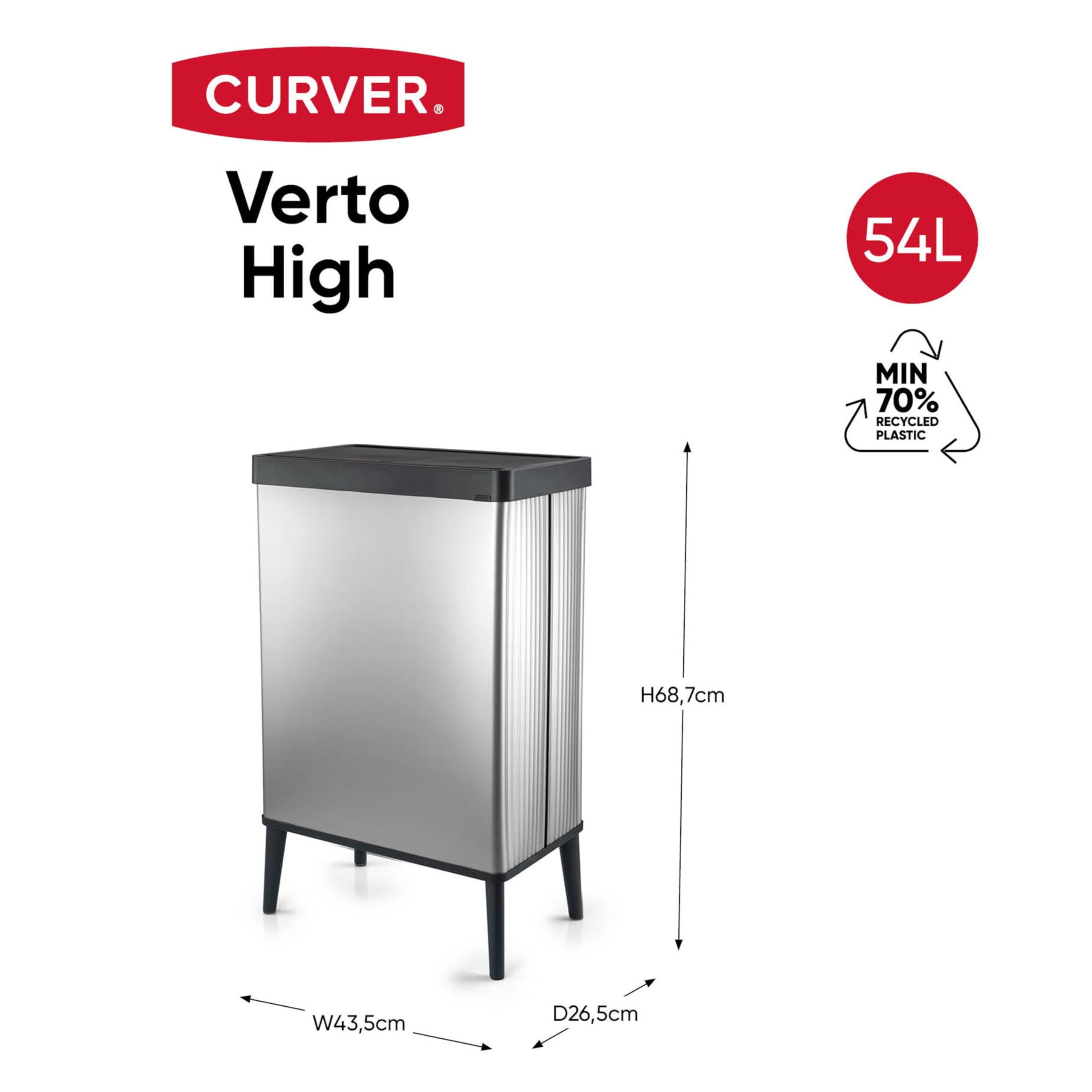 Curver Verto Cubo de basura alto 54 L 43.5x26.5x68.7cm tapa a presión plata perlada