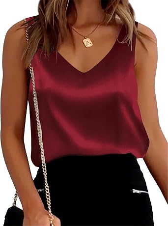 SimpleFun Womens Tank Tops Summer Sleeveless Satin Blouses Low Cut Silk Dressy Elegant Shirts M,Burgundy