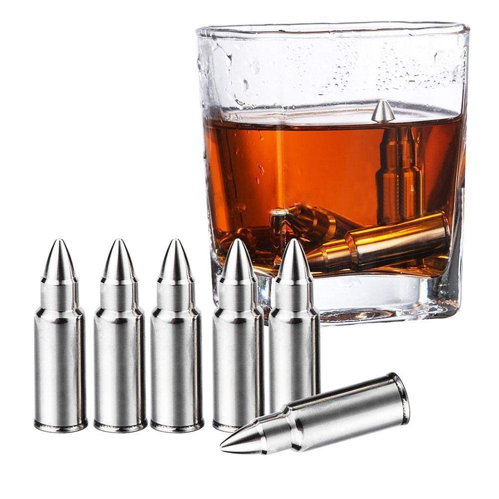 The Wine Savant Whiskey Stones Bullets Stainless Steel - Bullet Chillers Set of 6, Stainless Steel Whiskey Rocks Bullet Shaped Ice Cubes, Beautiful Gift Box, Tongs and Storage Bag