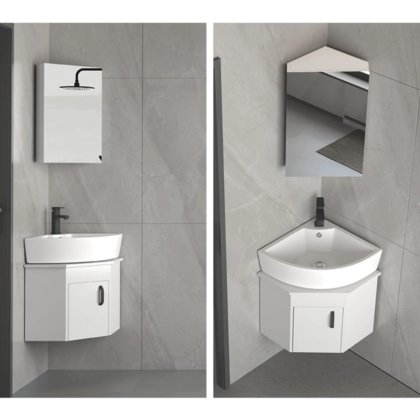 Nowoczesny czarny narożny zestaw łazienkowy z szafką do montażu na ścianie ceramiczna umywalka zlew chromowany kran i wyskakujący odpływ w kształcie litery U 48 x 48 cm, biały - 48 x 48 cm