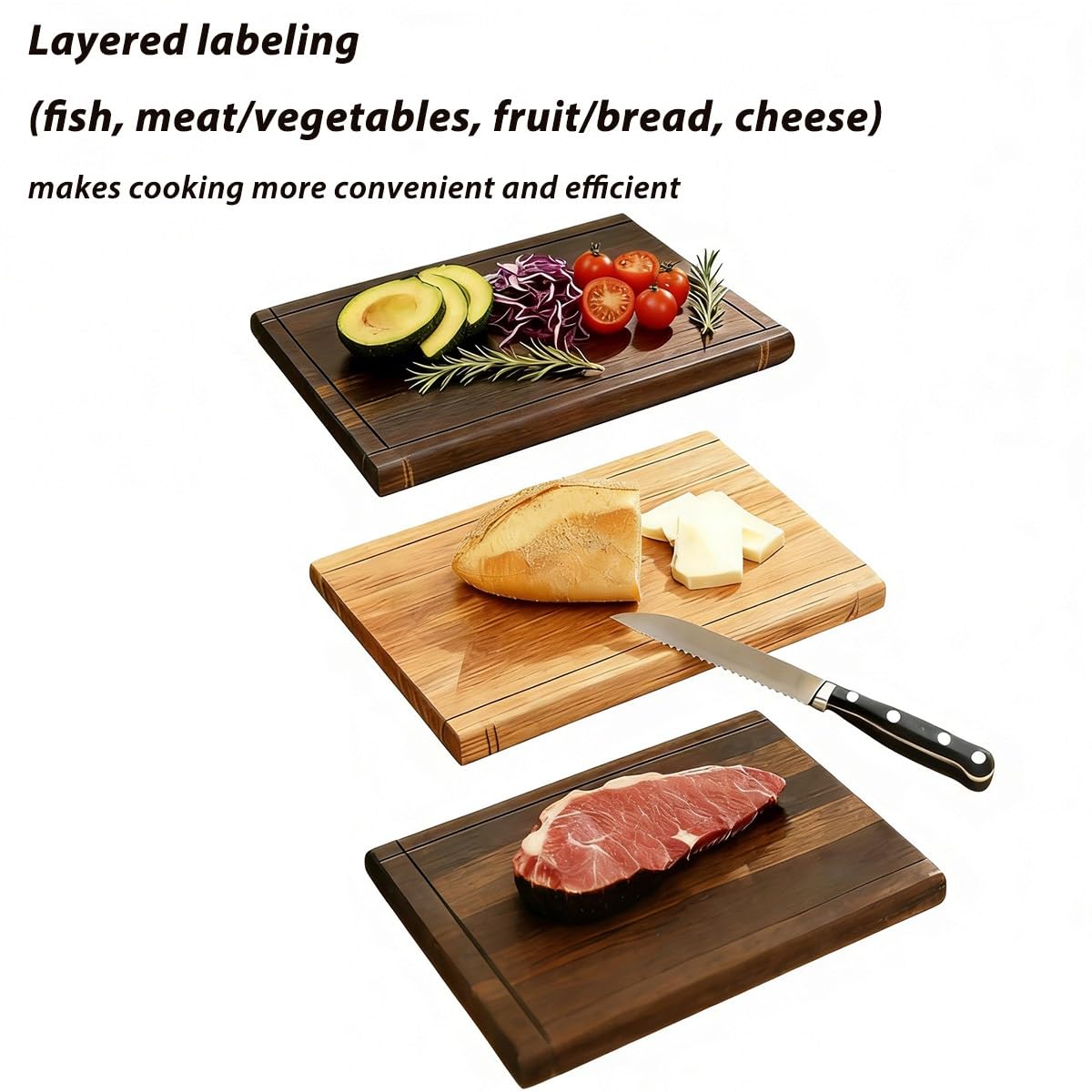 Juego de 3 Tablas de Cortar de Madera para Libros de Biblioteca, Antideslizantes con Ranura para Jugos, Fáciles de Guardar y con Soporte, Bandeja para Servir Carne, Verduras, Frutas(Marrón)