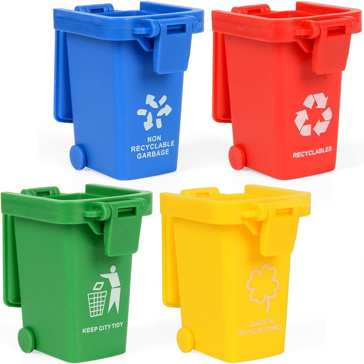 4Pcs Colorful Tiny Recycle Bin for Desk, Garbage Trash Pen Holder, Miniature Trash Cans with Lid and Wheels, Unique Small Trash Can Truck Toy, Decorations