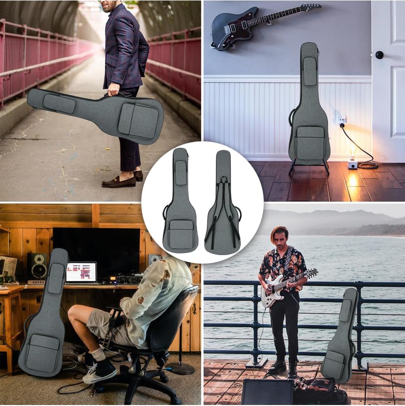 Image of The Melod Electric Guitar Gig Bag,Case,Cover, Waterproof Fabric Softener Padded Protective Case Neck Strap, Back Hanger with Storage Pockets, Loop, Premium Version, Gray, and Black Modern