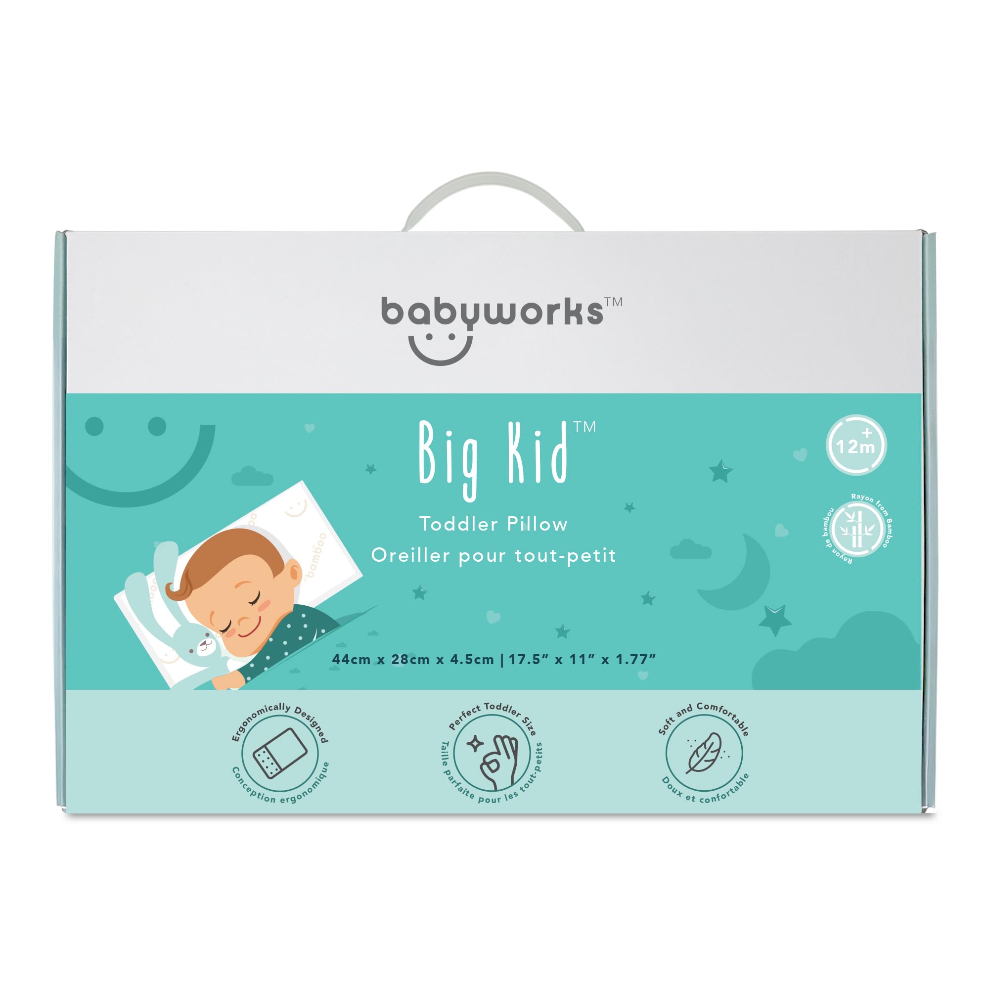 Baby Works Baby Works Toddler Pillow - Soft, Supportive and Breathable Memory Foam with Hypoallergenic Bamboo Cover, Chiropractor Recommended, Washable and Removable Cover, Perfect for Cribs, Ages 12m+ in use