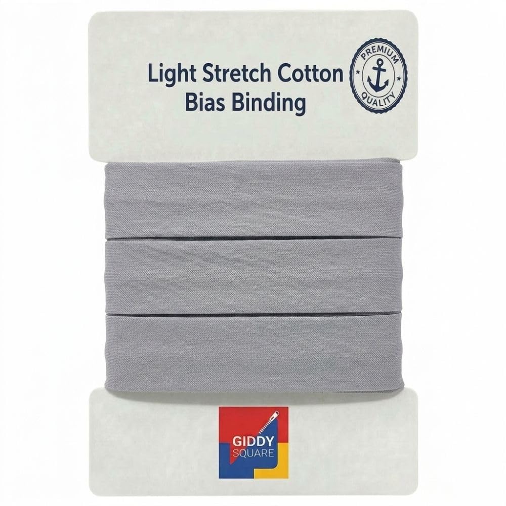 Premium Medium Grey Light Stretch Cotton Bias Binding Tape, 30mm Wide x 10m Length, Smooth Finish Mild Elastic Trim for Clothing, Sportswear, Quilting & Blankets - Giddy Square