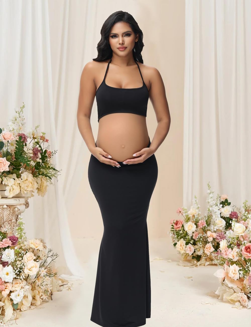 JustVH Women's Maternity Cut Out Backless Bodycon Dress Halter Maxi Photography Pregnancy Dress for Photoshoot Baby Shower - Image 3