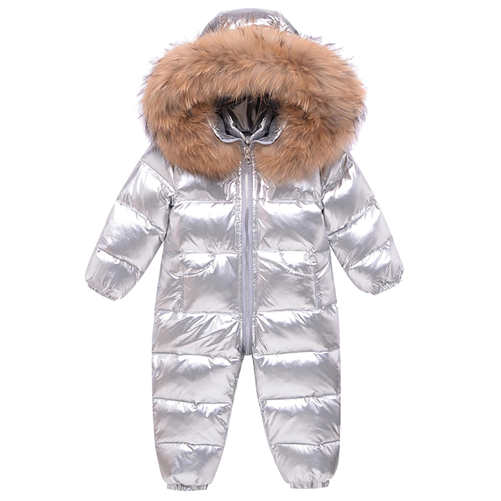 Baby Snowsuit Romper Infant Boys Girls Thicken Warm Winter Coat Hooded Jumpsuit Zipper Snow Suits (Silver, 12-18 Months)