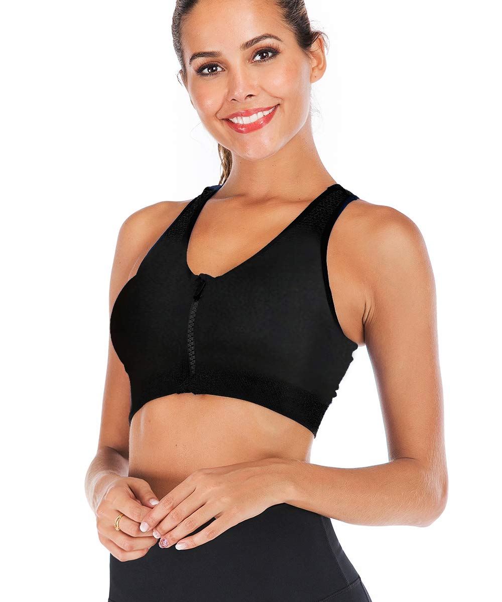 Womens Zip Front Sports Bra Wireless Post-Surgery Bra Padded Strappy Medium Support Yoga Exercise Athletic Bras