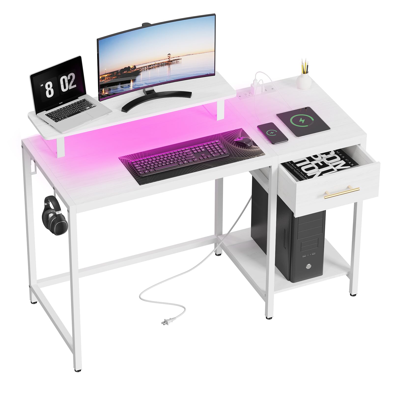 Lkeiyay White Computer Desk with Drawers and Storage - 47 inch Gaming Desk with Led Lights,Power Outlet,Desk with Monitor Stand,for Small Space Bedroom (black color)
