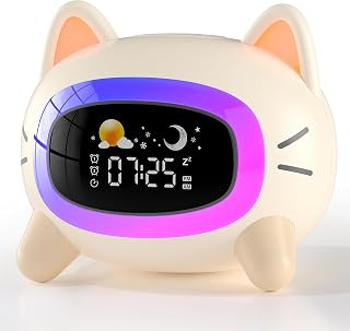 ANALOI Cat Kids Alarm Clock - Ok to Wake Sleep Trainer with Night Light, 7 Soothing Sounds & Snooze for Toddlers