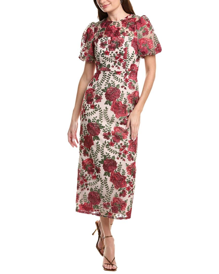 Adrianna Papell Womens Puff Sleeve Embroidered Dress