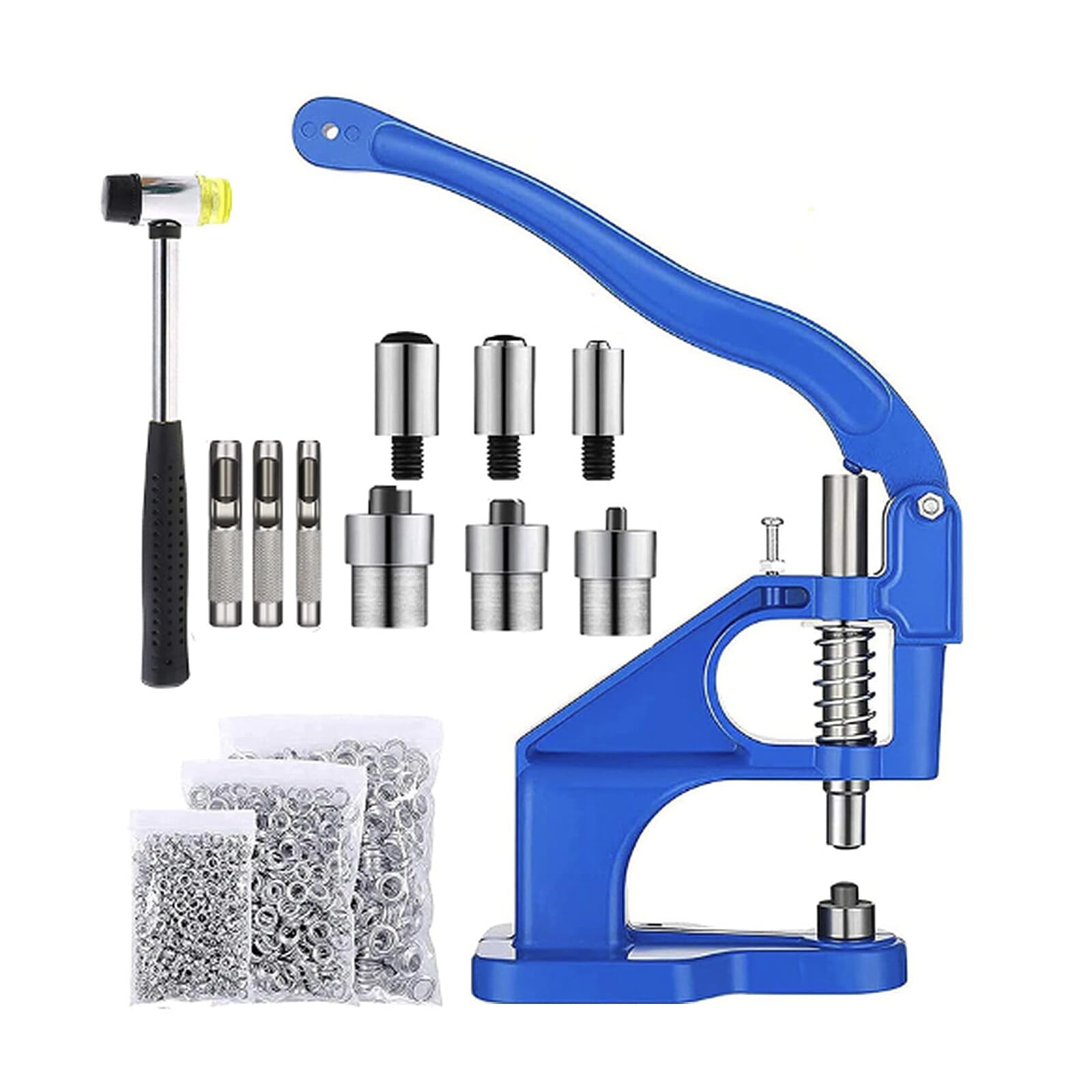 Juego de alicates para ojales para lonas con martillo, 3 troqueles intercambiables (6/10/12 mm) y 1500 ojales, prensa de ojales de metal para manualidades, cuero, tela, cortinas, Rivets Eyelets