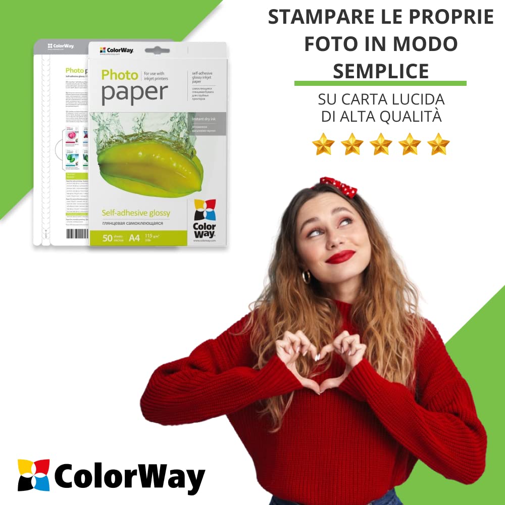 COLORWAY carta fotografica lucida autoadesiva 50 fogli DIN A4 115g/m² etichette a secco istantaneo impermeabile per tutte le stampanti a getto