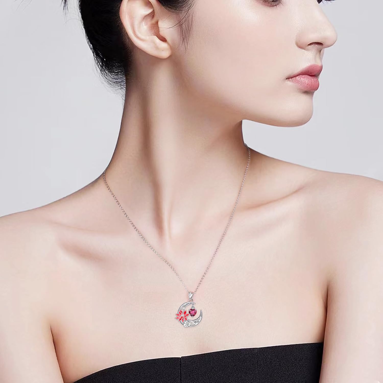 Shysnow Crescent Birth Flower Necklace for Women 925 Sterling Silver Moon Birthstone Pendant Necklace with Heart Zircon 12 Birth Months Floral Jewelry Birthday Gifts for Mother Grandmother