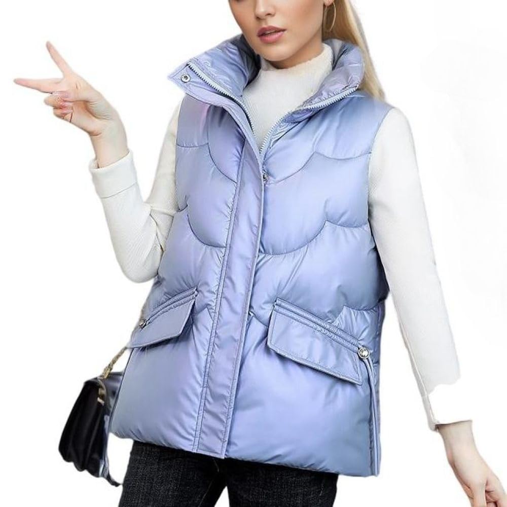 Gilet E Smanicati da Donna, Gilet Trapuntato con Colletto alla Coreana Lucido Abbigliamento Invernale Gilet Imbottito più Caldo Gilet Corto Senza Maniche alla Moda Gilet Imbottito per Esterni Capis