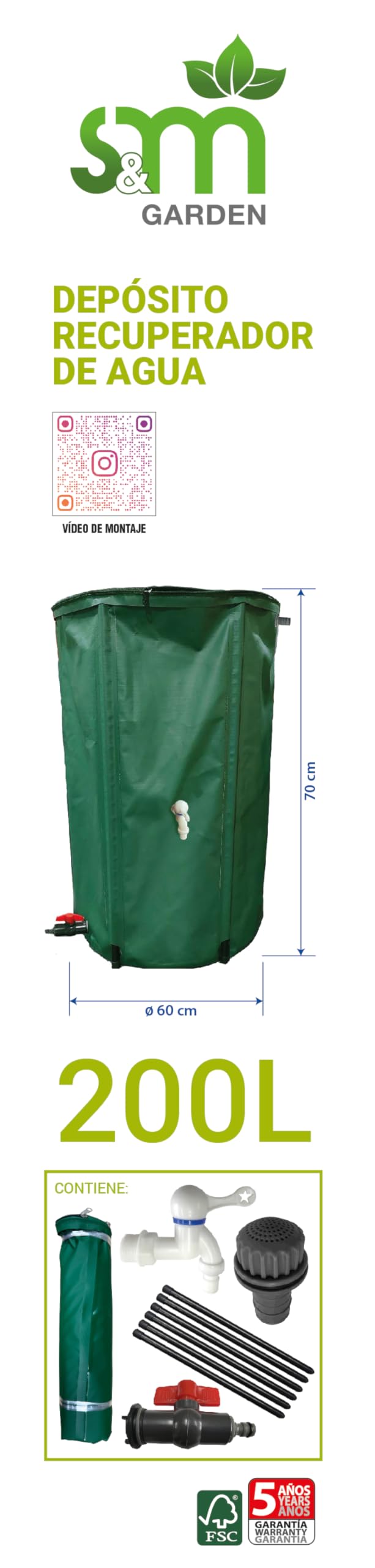S&M 590344 – Depósito recuperador de Agua de Lluvia 200 L | Plegable, de PVC de Alta Resistencia Color Verde | con Grifo, válvula para mangueras, Salida antidesbordamiento y Filtro antihojas