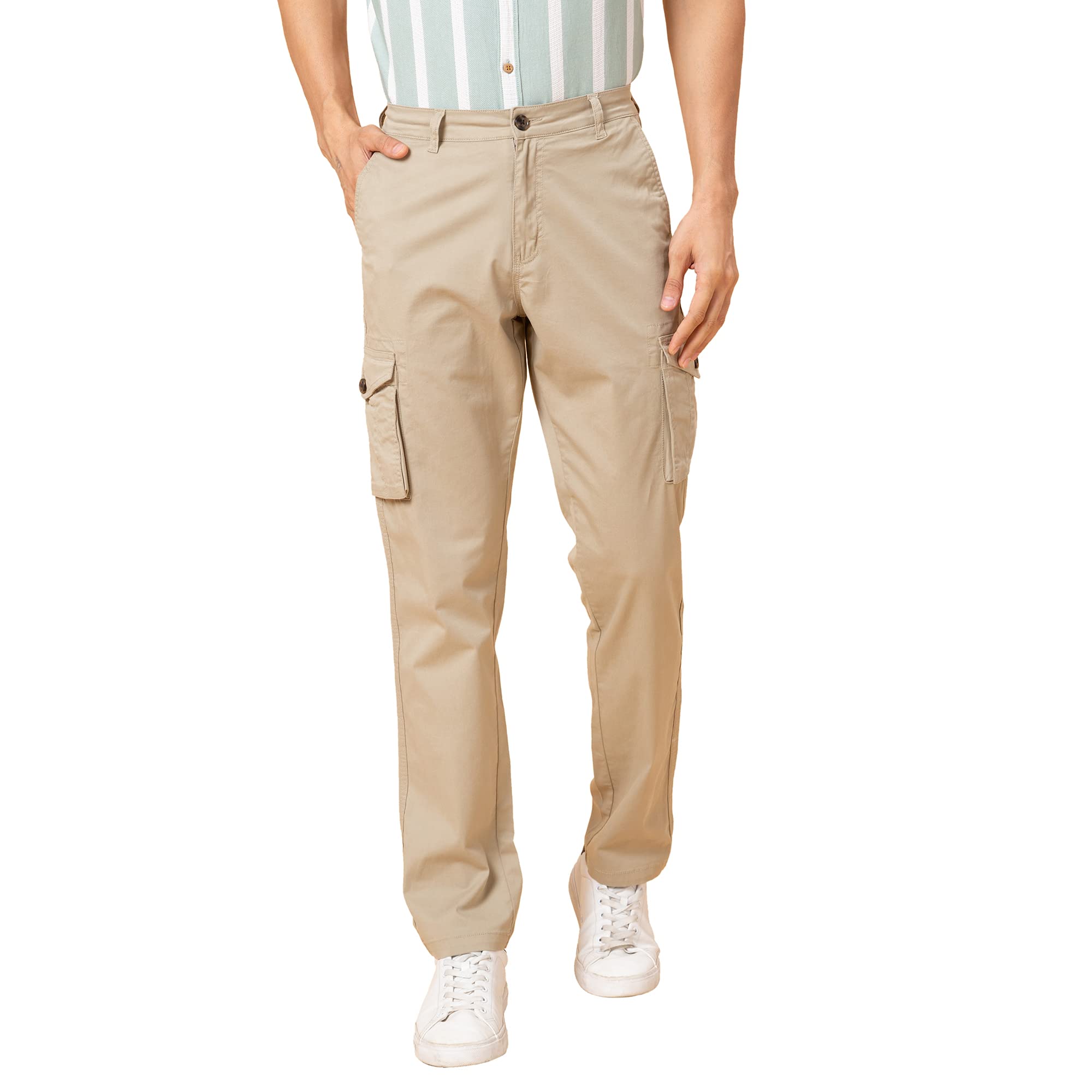 globus Men Beige Mid Rise Slim Fit Flat Front Cargo Trousers-picture-14