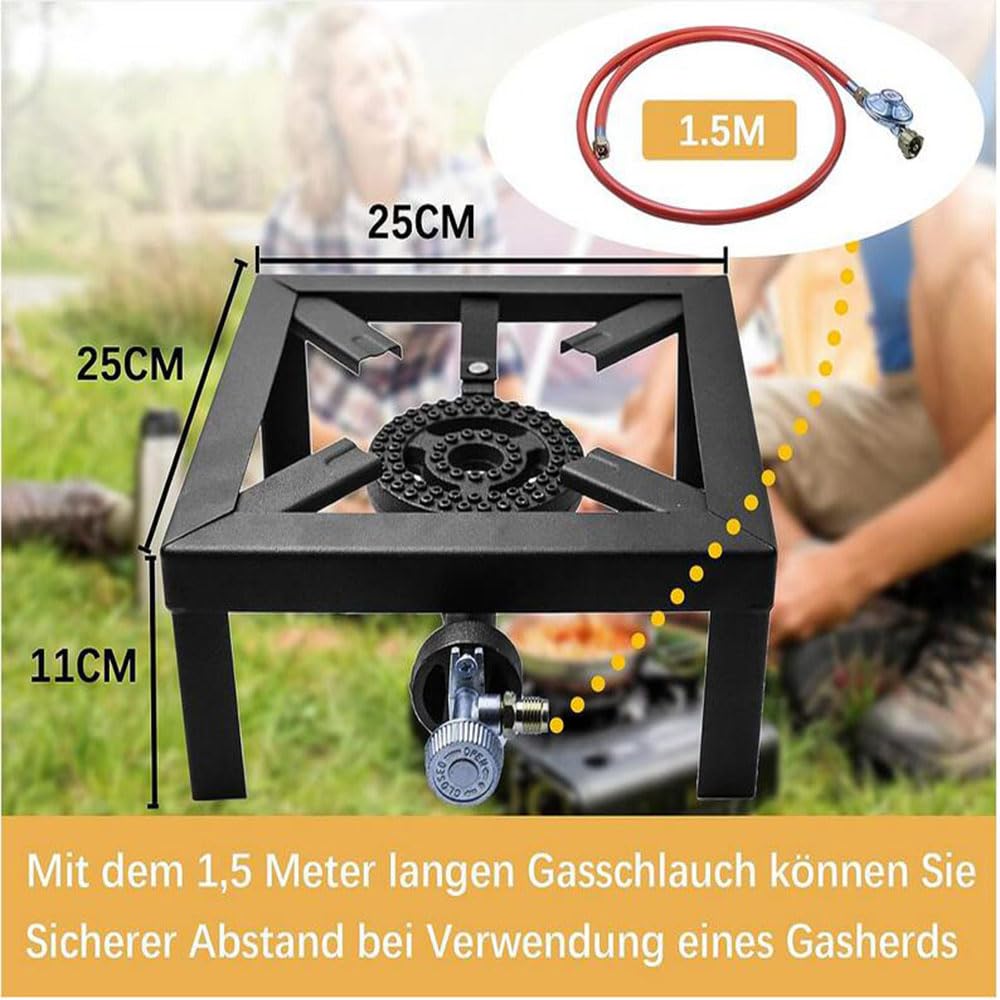 8KW Gaskocher Hockerkocher, Industrial Hockerkocher inkl. 1,5 m Propan-Gas-Schlauch & 50 mbar Propan Druckminderer für Camping, Outdoor, nur für die Verwendung im Freien