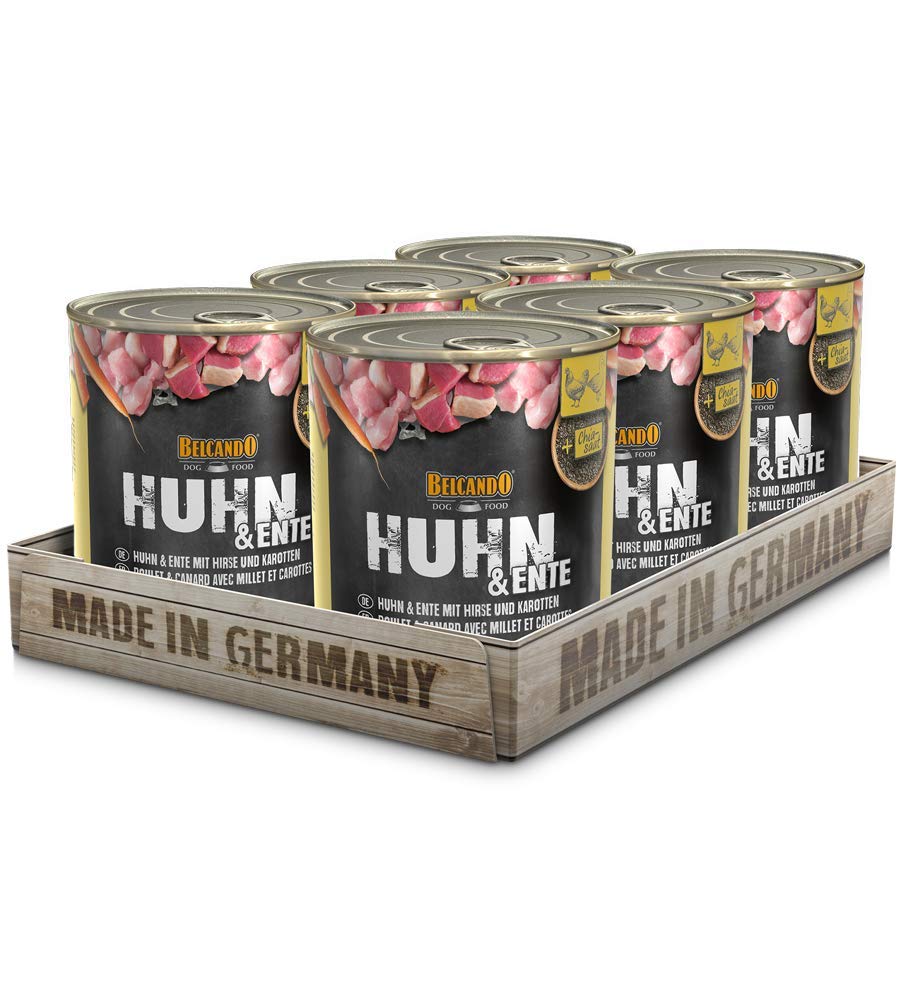 Belcando Super Premium lattina [6x800g Pollo & Anatra con miglio e carote] | Cibo umido per cani | Cibo umido in lattina | Alimento completo per cani di tutte le razze