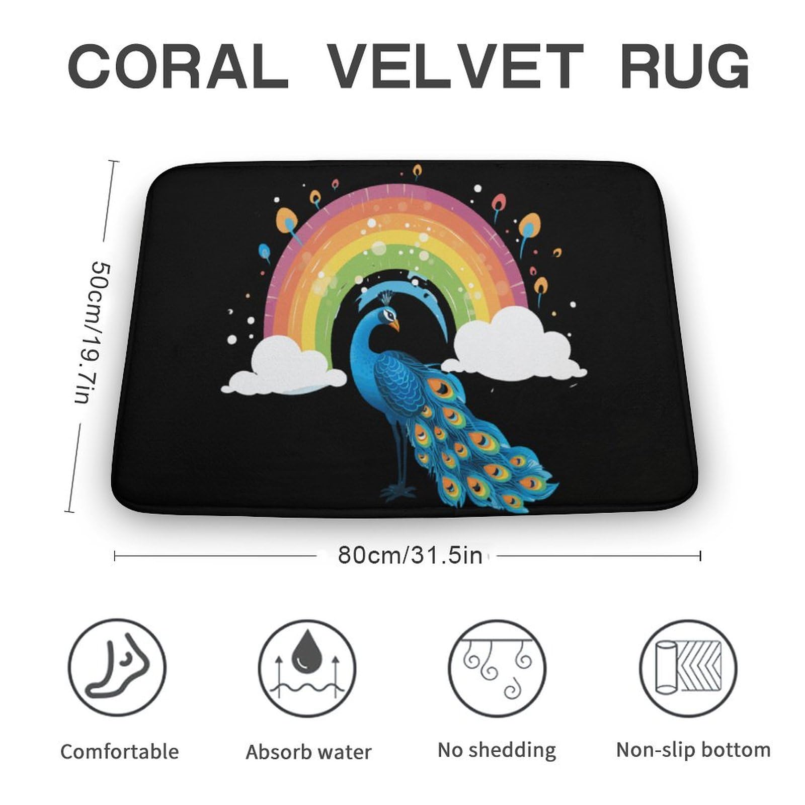 Rainbow Peacock Coral Velvet Rugs Non-Slip Bathroom Rugs Soft Kitchen Rug Floor Carpet for Home Decor 19.7