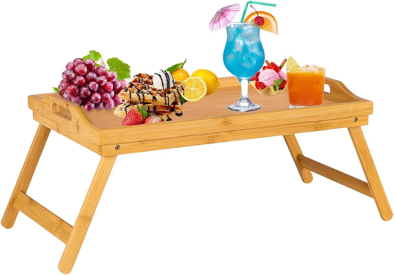 Vivaas Natural Bamboo Bed Tray Table With Foldable Legs And Handles Breakfast Tray For Sofa, Bed, Eating, Platters, Working, Serving, Drawing, Laptop Stand, Wooden Snack Tray Used As Lap Tray (Natural)